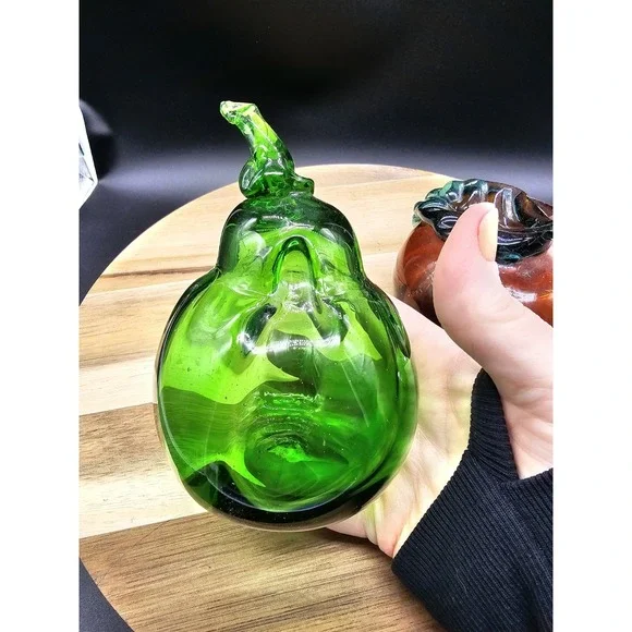 Set Of 2 Vintage Hand Blown‎ Glass Fruits Apple Pear - Picture 9 of 9